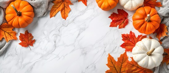 Autumn Pumpkins with Red and Orange Fall Leaves