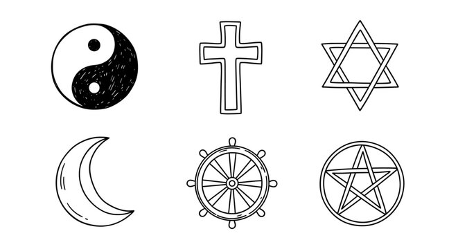 Symbolic religious and spiritual emblems illustration on a white background