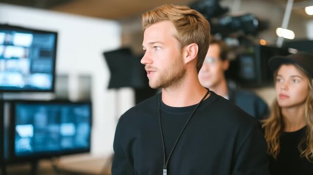 Director guides actors with expressive gestures while assistants manage monitors, editors mark scripts, and cameras capture every move, symbolizing behind the scenes leadership shaping cinematic