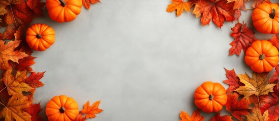 Autumn Pumpkins with Red and Orange Fall Leaves