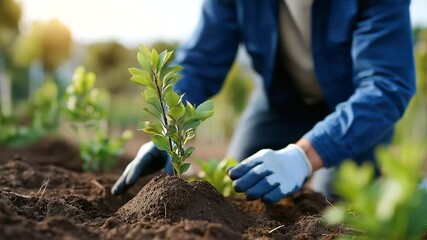 Gardener’s hands gently pat soil around young fruit trees, symbolizing long-term cultivation, orchard growth, ecological stewardship, and generational farming traditions. three-quarter wide angle,