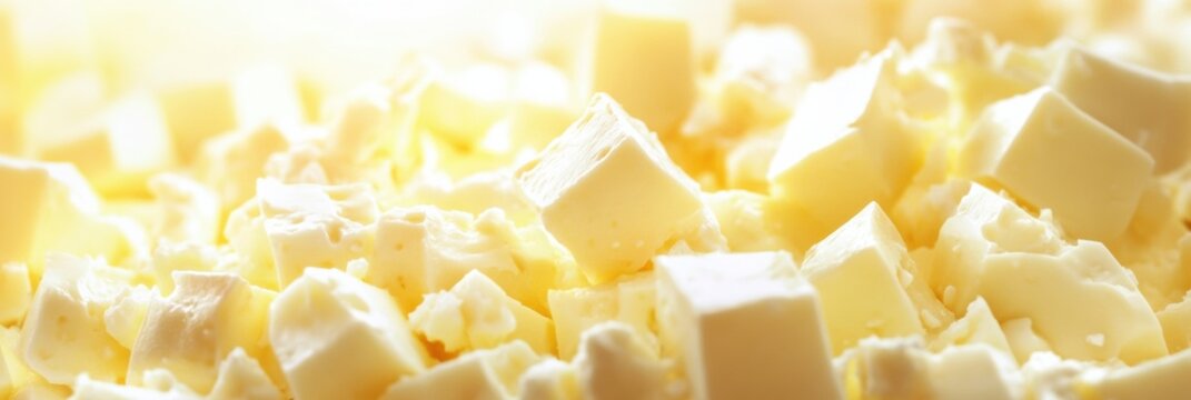 Close-up view of freshly cut cubes of butter in soft, natural light showcasing their creamy texture and rich color on a bright kitchen workspace