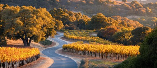 Autumn landscape with mountains road and forest view