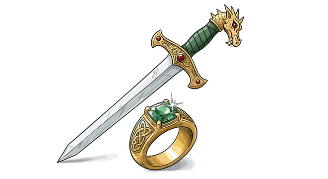 Fantasy Gold Ring with Emerald and a Dragon Hilted Dagger