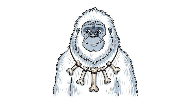 Cartoon Yeti Smiling with Bone Necklace on White Background
