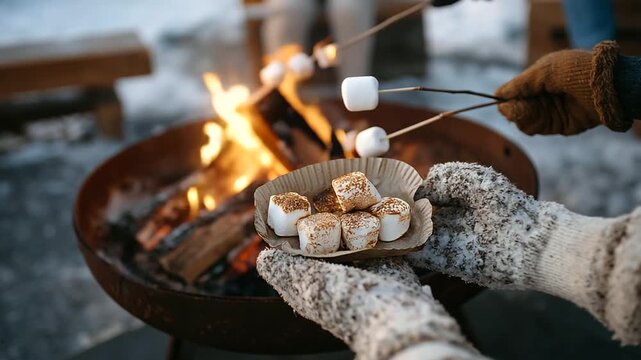 Urban winter activities include a rooftop gathering, its concrete surface dusted with snow, where friends toast marshmallows over a metal brazier, its edges rusted. Wool gloves, their knit loose,