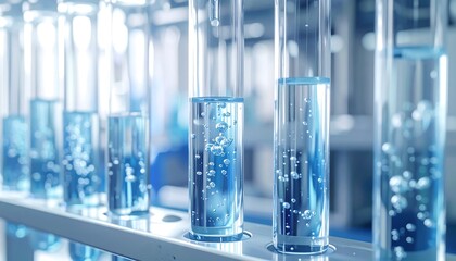 Laboratory glassware with blue liquid, science research and medical development