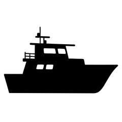Obraz premium Silhouette of a commercial fishing trawler boat vessel with antenna and cabin