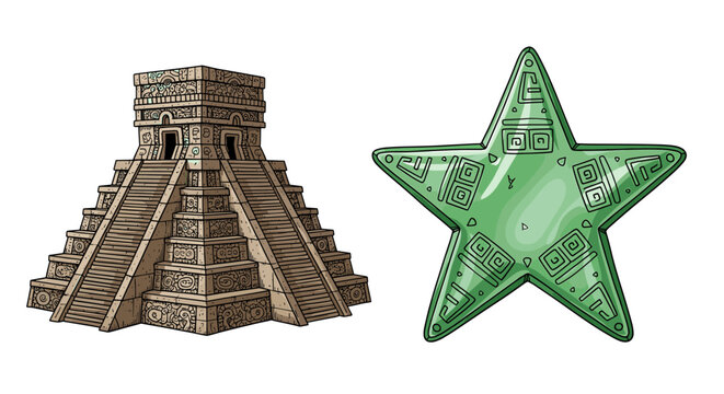 El Castillo pyramid with a mystical green star artifact illustration