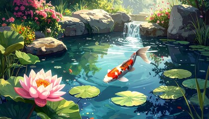 Koi Pond Serenity: A Vibrant Illustration of Nature's Tranquility