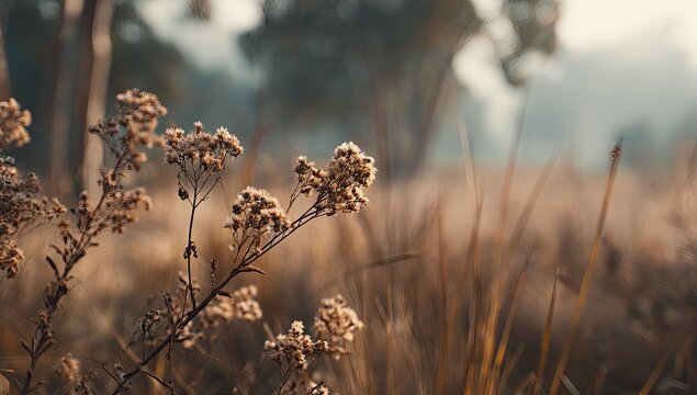 Close-up of dried wildflowers in a golden field. Soft focus on background - Powered by Adobe