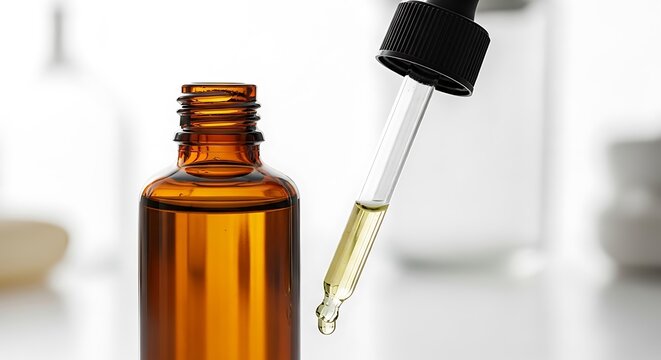 Close-up of a dropper dispensing a golden liquid from an amber bottle.