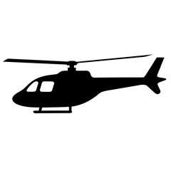 Silhouette of a helicopter flying with rotating blades over a white background