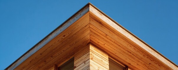 Roof corner of a wooden building against a clear blue sky