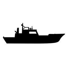 Obraz premium Silhouette of a Modern Fishing Boat with Antenna and High Bridge, Black on White
