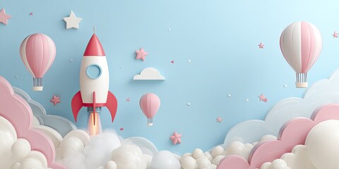 A whimsical scene featuring a red rocket ship launching amidst pastel-colored hot air balloons, clouds, and stars
