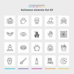 Halloween icon set outline line style pumpkin ghost skull bat cauldron vector art Set 02