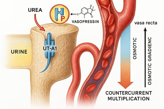 Illustration of countercurrent multiplication mechanism in the kidney, highlighting vasopressin and urea transport.