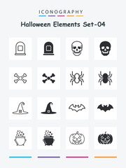 Halloween icon set solid and outline spooky pumpkin skull bat spider web design Set 04