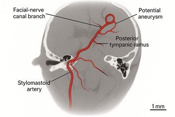 Obraz premium Axial CT Angiography of a Human Head Showing Arterial Anatomy with Labels for Potential Aneurysm, Facial Nerve Canal Branch, Posterior Tympanic Ramus, and Stylomastoid Artery