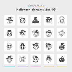 Halloween icon set solid and outline spooky pumpkin skull bat spider web design Set 05