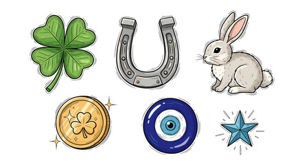 Lucky charms illustration with clover, horseshoe, rabbit and golden coin.