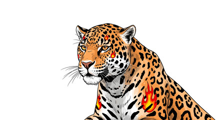 Obraz premium Striking Cartoon Jaguar with Flames on Fur Isolated Against White