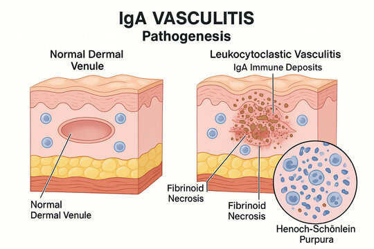 IgA Vasculitis Pathogenesis: Comparison of Normal Dermal Venule and Leukocytoclastic Vasculitis with IgA Immune Deposits, Henoch-Sch&ouml;nlein Purpura