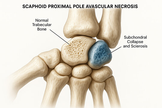 Medical illustration of scaphoid proximal pole avascular necrosis, showing normal trabecular bone and subchondral collapse and sclerosis.
