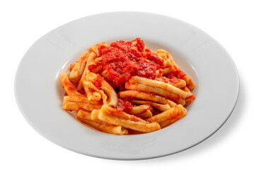 Caserecce Italian macaroni pasta topped with red tomato sauce on  white plate isolated on white with clipping path included