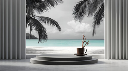 Tropical beach oasis display with palm trees and ocean view