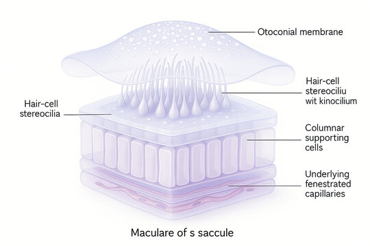 Detailed illustration of the macula of the saccule, showing its anatomical structures and their functions in balance and hearing.