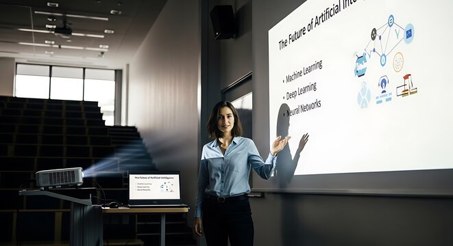 Female Presenter Explaining Artificial Intelligence in a Modern Classroom.