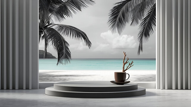 Tropical beach oasis display with palm trees and ocean view