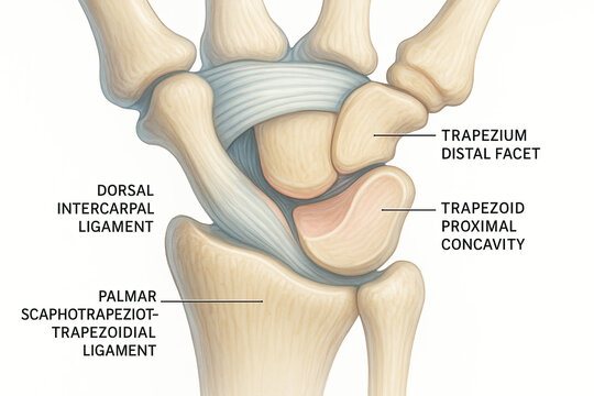 Anatomical illustration of the human wrist bones and ligaments, highlighting the trapezium distal facet and trapezoid proximal concavity, along with the dorsal and palmar scaphotrapeziotrapezoidal lig