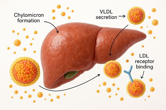 Visual representation of lipoprotein metabolism within the liver, illustrating chylomicron formation, VLDL secretion, and LDL receptor binding.
