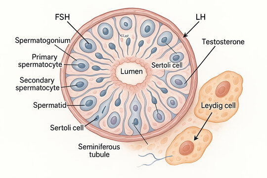 Anatomical illustration of a testis cross-section, detailing the seminiferous tubules, germ cells, Sertoli cells, Leydig cells, hormones FSH, LH, and testosterone.