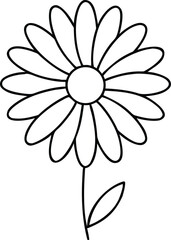 Vector art of a simple black and white line drawing of a daisy flower with a stem and leaf