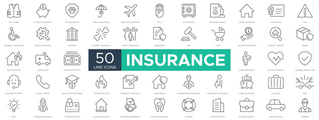 Insurance editable stroke icons collection . Life, Car, House, Care, Money Insurance ,  healthcare, money and social insurance vector icons.