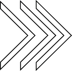 Vector art of a simple black and white line drawing of three chevron arrows pointing to the right, isolated on a