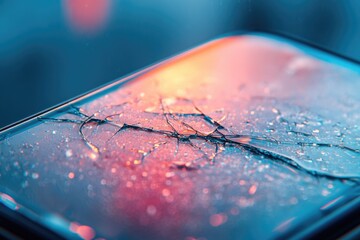 Close-up of a broken smartphone screen covered in water droplets, illuminated by dramatic blue and orange light, highlighting shattered glass.
