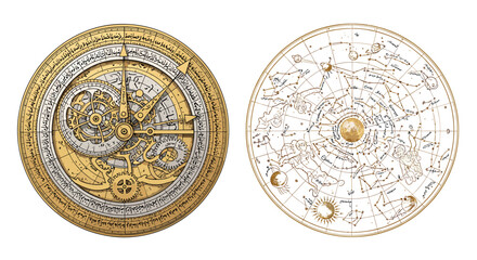Intricate Celestial Navigation Devices with Arabic Inscriptions and Star Chart