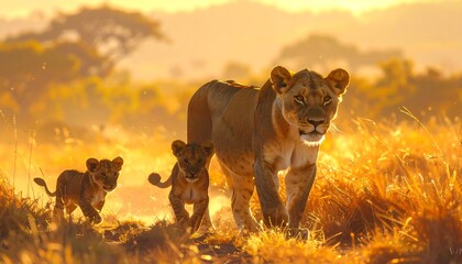 Lioness and Cubs Walking Through Golden Grass in African Safari at Sunset
