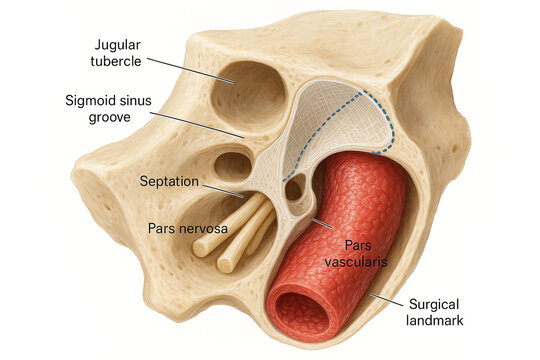 Anatomical illustration of the temporal bone's internal structures, highlighting the jugular tubercle, sigmoid sinus groove, septation, pars nervosa, pars vascularis, and surgical landmark.