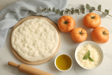 Pizza dough preparation scene, Fresh tomatoes with cheese and olive oil, Homemade Italian cooking ingredients, Rustic kitchen flat lay with minimal decor, Copy space for text
