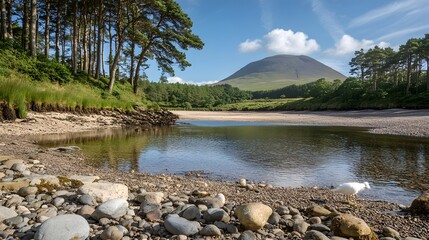 Serene River Landscape with Mountain and Birds