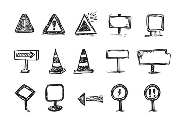 Attention or warning sign marks doodle illustrations in vector on isolated white background