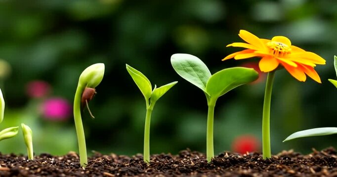 Vibrant flower and seedlings growing in rich soil