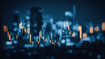 Financial markets analysis with candlestick chart over city lights background