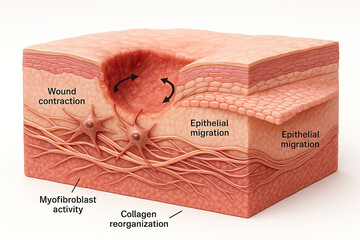 Diagram illustrating the biological processes involved in skin wound healing, including epithelial migration, wound contraction, myofibroblast activity, and collagen reorganization.